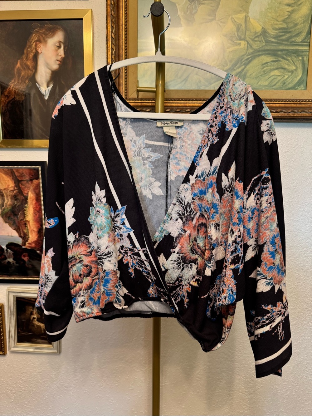 Flying Tomato Floral Wrap-Style Women's Top - Black with Blue & Peach Flowers L